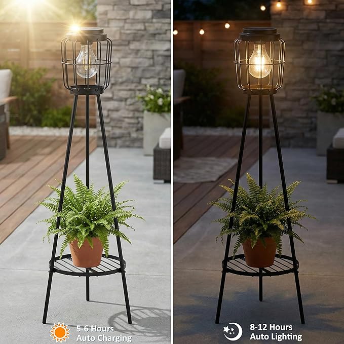 VISFLAIR 2 Pack Solar Lights with Plant Stand, Outdoor Floor Lamp, Waterproof Solar LED Edison Bulb Floor Lamps for Patio Porch Deck Yard Garden Decor