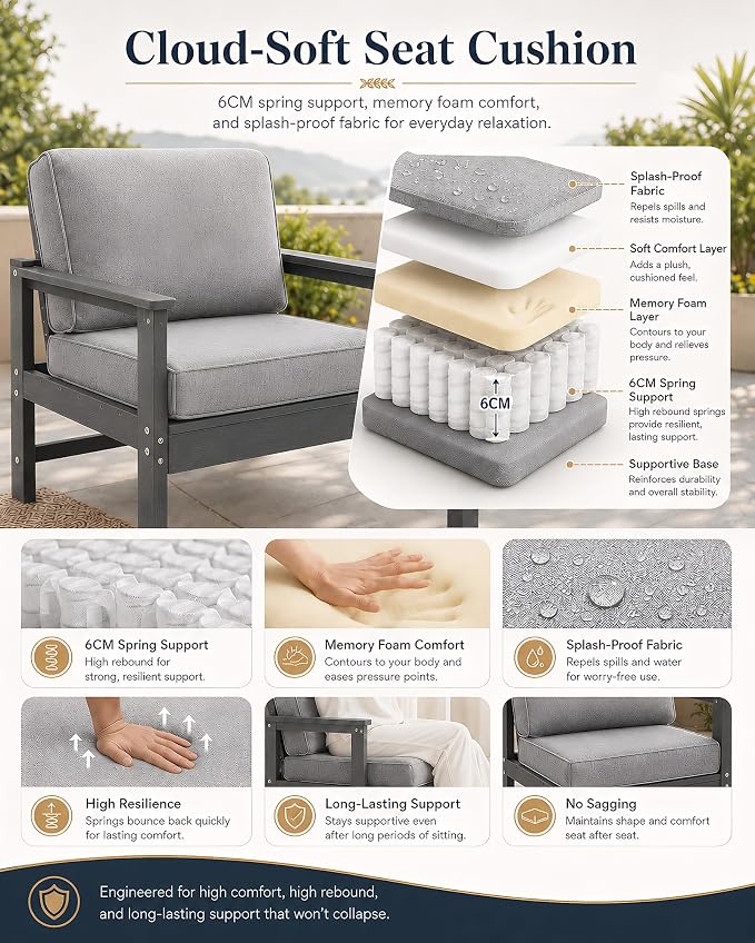 HDPE Outdoor Patio Furniture Set with Cushions, 7 Piece Patio Conversation Set Sofa Set,All Weather Outdoor Couch Set with Coffee Table for Lawn, Garden, Deck