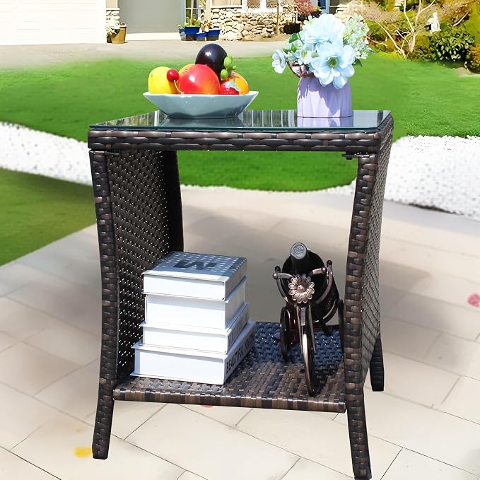 Outdoor Rattan Patio Side Tables, Wicker Table with Clear Tempered Glass Top, Patio End Tables with Storage Shelf, Outdoor Small Tables for Patio,Porch,Balcony,Backyard (Brown, 19.25 Inch)