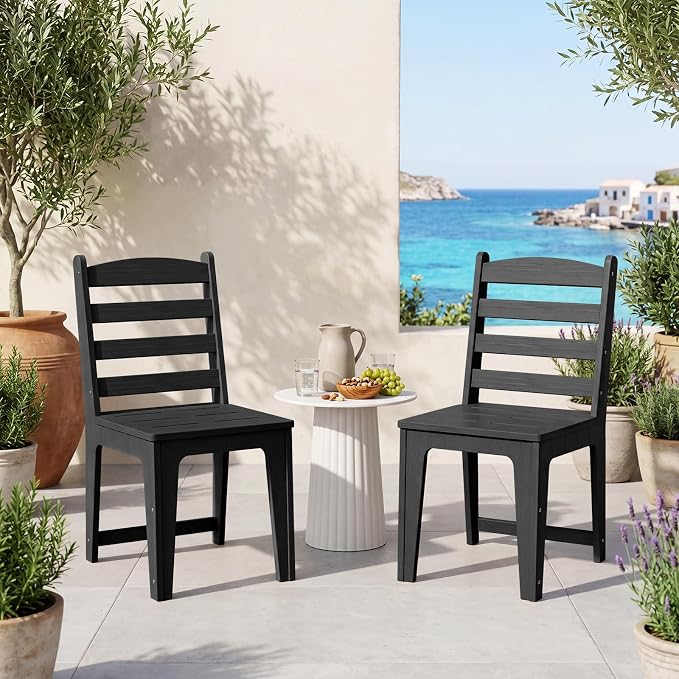 HDPE Outdoor Patio Dining Chair All Weather Resistant Set of 2, Black | Slatted Back Dining Armless Chair, Weatherproof Outdoor Side Chair Patio Furniture for Poolside Garden Backyard Deck Indoor
