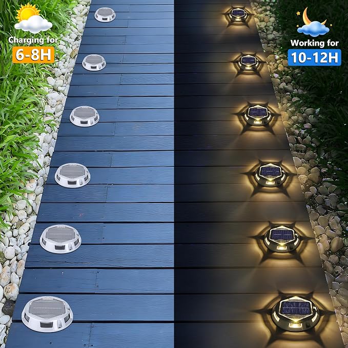 Solar Deck Light Outdoor, 6 Pack 9 Colors in 1 Solar Driveway Dock Lights, IP67 Waterproof Solar Powered Outdoor Light, RGB Step Lights for Outside Garden Yard Fence Stair Sidewalk Pathway Walkway