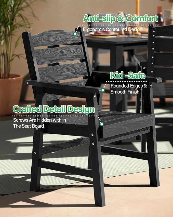 YEFU 5-Piece Outdoor Dining Set：Modern All-Weather Plastic Patio Dining Sets, Waterproof Easy-Clean Outdoor Table and Chairs - HIPS Square Furniture for Garden Poolside Backyard Deck（Black）