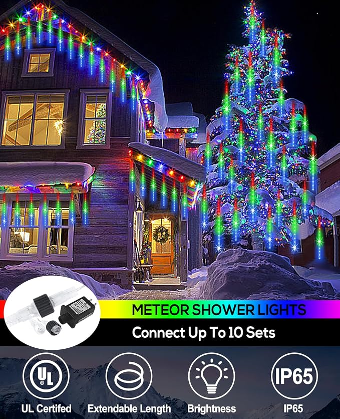 Meteor Shower Rain Lights 12 in 10 Tubes Drop Icicle Snow Falling Raindrop Cascading Light for Wedding Party Christmas Light Outdoor, Shine Colorful