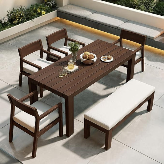 RUNNA Patio Dining Table Set for 6,Outdoor Furniture Sets with Umbrella Hole,71" Rectangular Table,Chairs and Bench with Removable Cushions for Backyard,Garden,Poolside (Beige+Mocha#28)