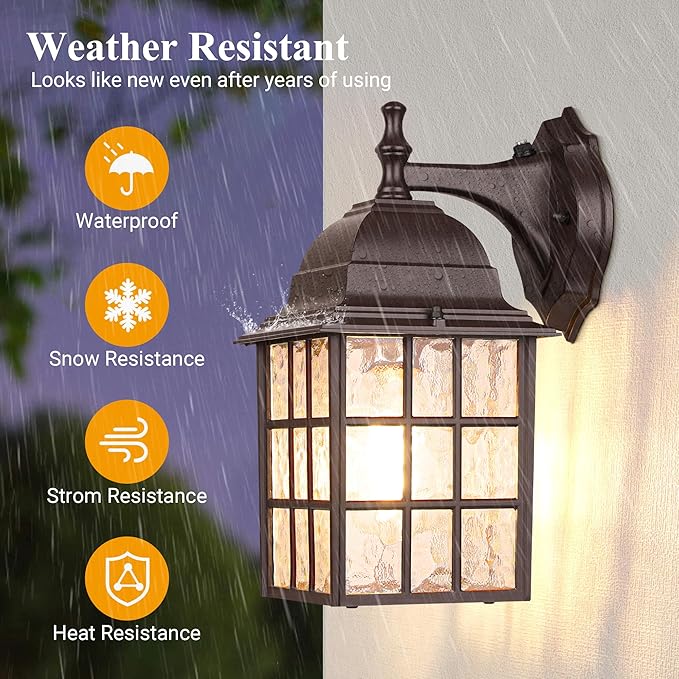 2 Pack Dusk to Dawn Outdoor Lighting Fixture, Classic Exterior Porch Light | Aluminum Frame, Water Rippled Glass, Waterproof, E26, Sensor Outdoor Hose Light, Wall Sconce For Garage, Front Door