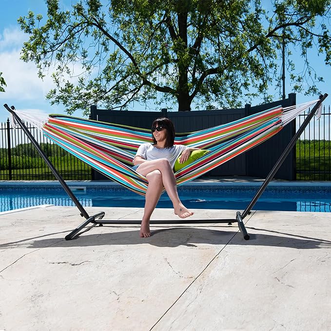 Vivere Double Hammock and Stand Combo – Durable, Comfortable, 450 lb Capacity, Heavy Duty Steel Stand, Tool-Free Assembly, Includes Carry Bag (Carousel Confetti)