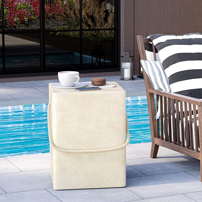 HOMPUS Outdoor Side Table w Hemp Rope Handle, Patio MgO Concrete Natural End Table, Square Accent Table, Small Coffee Table for Garden, Patio, Porch and Deck, Warm Grey