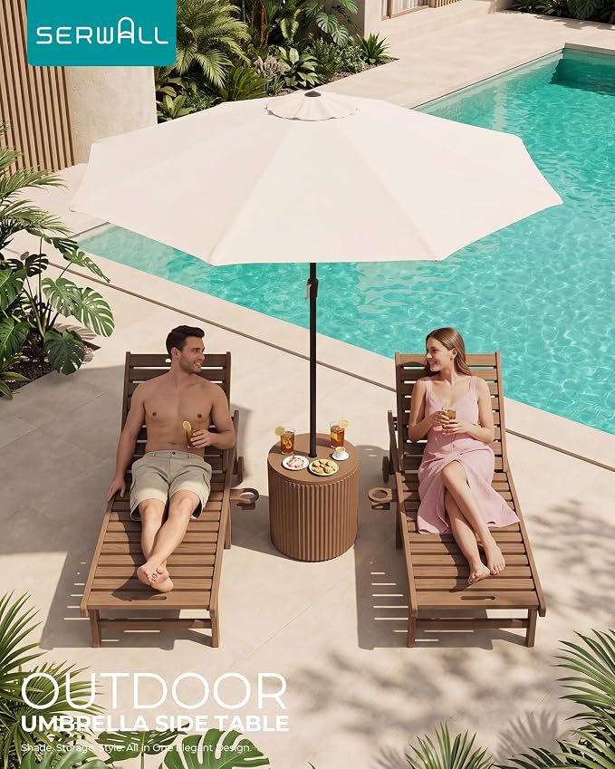 SERWALL Round Outdoor Umbrella Side Table Set of 2 - Outdoor Patio Table with Umbrella Hole for Porch/Patio/Poolside, Brown