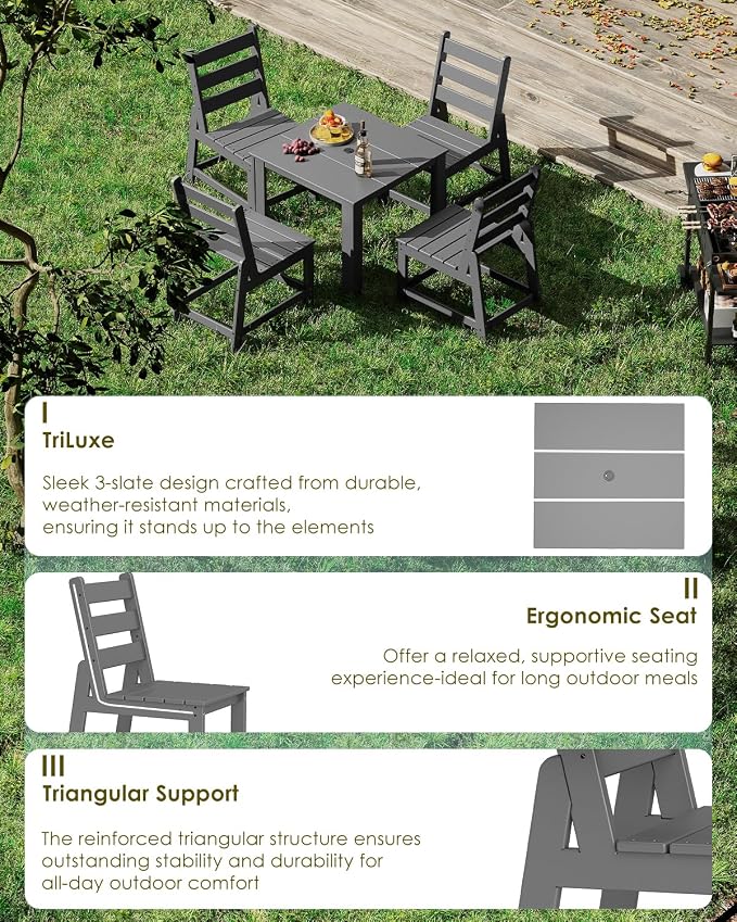 GREENVINES 5-Piece-Outdoor-Dining-Set | HDPE | Square | Patio Furniture | Table and Chairs Sets for 4 | All Weather | Armless Chair | Umbrella Hole | for Backyard Poolside Garden | Grey