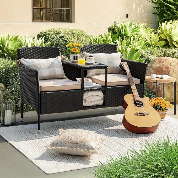 2 Seat Rattan Patio Conversation Set Beige Modern Outdoor Patio Loveseat with Built in Coffee Table for Garden Lawn Backyard