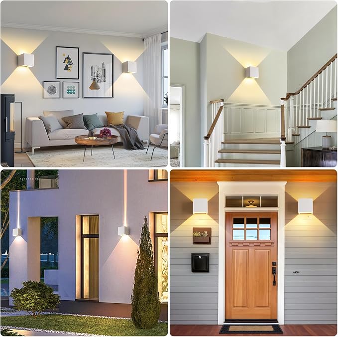 4 Pack LED 20W Outdoor Wall Lights Exterior/Interior 3 Colors Adjustable Wall Sconce Up and Down Light Porch Lights IP65 Waterproof Exterior Wall Sconce Modern Outdoor Lighting Square Aluminum White