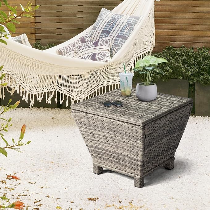 Outdoor PE Wicker Side Table with Storage, 13 Gallon Patio Storage Bin Container for Hose Cushion Towel, Gradient Rattan End Table for Backyard Garden Deck, 112 lbs Capacity, Gray