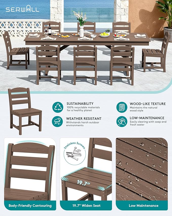 SERWALL 10 Piece Outdoor Dining Set with 15ft Triple-Head Foldable Umbrella(Based not Included), 84" HDPE Outdoor Table and Armless Chairs Set for 8, Brown