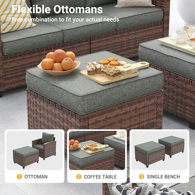7 Pcs Outdoor Furniture with 44" Fire Pit Table, Rattan Patio Conversation Sets with Swivel Chair, Gas Fire Pit, Ottomans, Side Table, 4" Thick Cushion, for Backyard Garden Deck,Dark Grey
