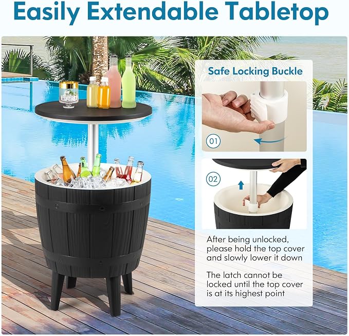 LDAILY Outdoor Cooler Table, 3-in-1 10 Gallon Ice Bucket with Height-Adjustable Tabletop, Cocktail Side Table with 110LB Capacity & Drain Plug for Poolside, Backyard, Patio Parties (Black)