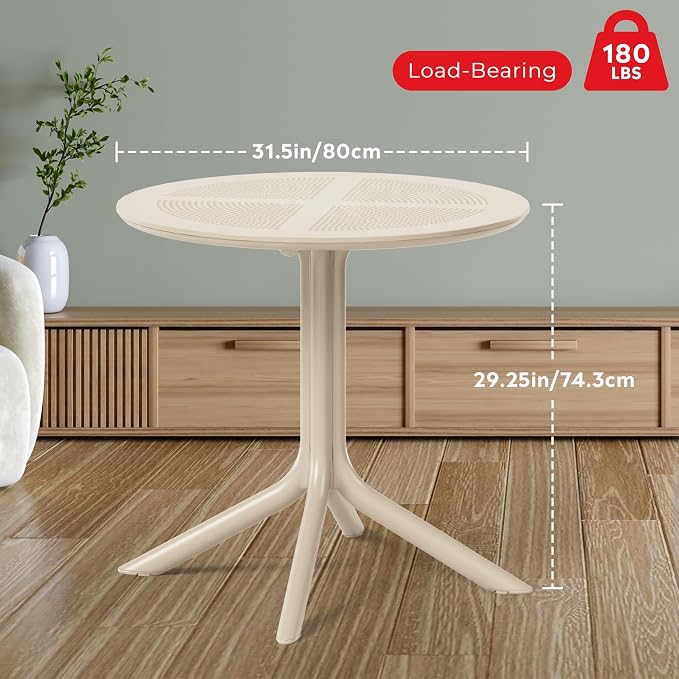 Costaelm Small Patio Table, Outdoor Round Dining Table, Weather Resistant Outside Table for Poolside Deck Lawn Garden Backyard, Sand