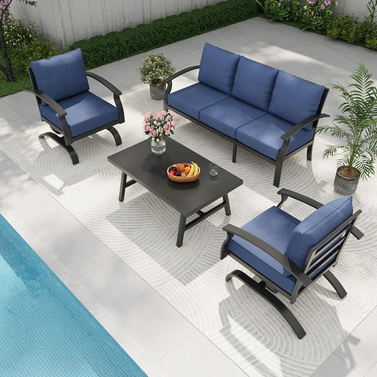 Gotland Metal Outdoor Patio Furniture Set with Coffee Table, 4 Piece Patio Conversation Set with Washable Cushion Covers, Metal Frame Sectional Sofa Furniture Set for Porch, Balcony, Deck, Yard