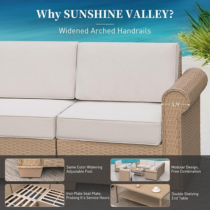 SUNSHINE VALLEY Patio Furniture Set, Sectional Wicker Outdoor Furniture with Fire Pit Table, 5.5" Thick Waterproof Cushion Modular Conversation 5 Pieces Sofa Set for Garden Deck Backyard, Beige