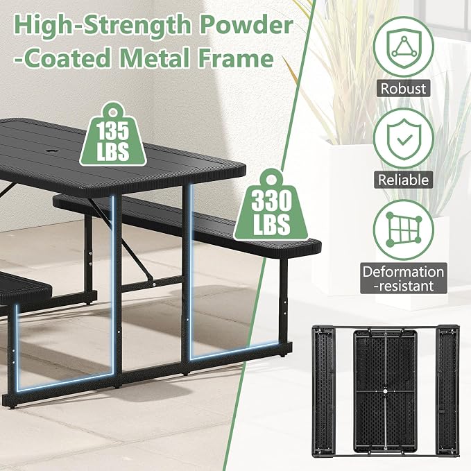 Picnic Table Set for 2-4 People, Umbrella Hole, Heavy-Duty Metal Frame & 2 Benches, HDPE Rectangular Outdoor Dinning Table & Benches for Outside, Patio, Garden, Backyard, Porch (Black)