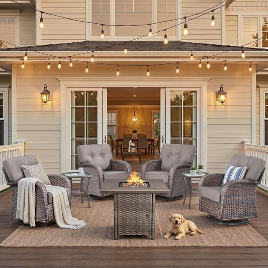 7 Piece Outdoor Patio Furniture Set with 30" Fire Pit Table,Conversation Sectional Wicker Couch with Swivel Chairs,Modern Outside Sofa for Balcony Backyard, Brown/Grey