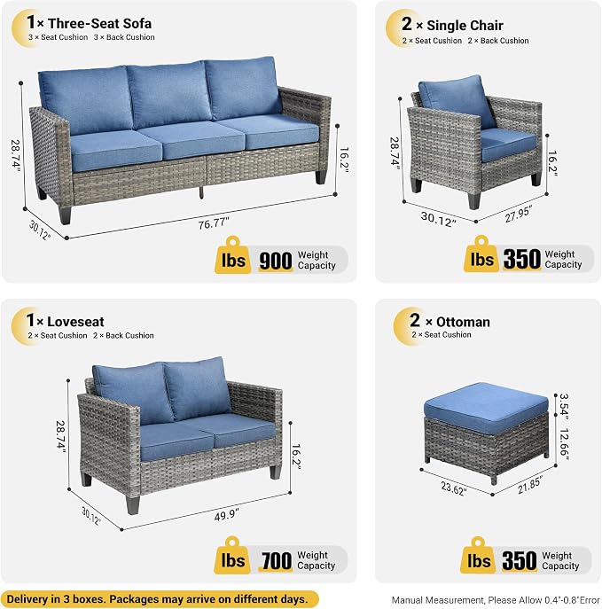 ovios Patio Furniture Set, 6 Pieces Outdoor Wicker Sofa Couch with Loveseat, Ottomans and Comfy Cushions, All Weather High Back Rattan Conversation Set, Denim Blue