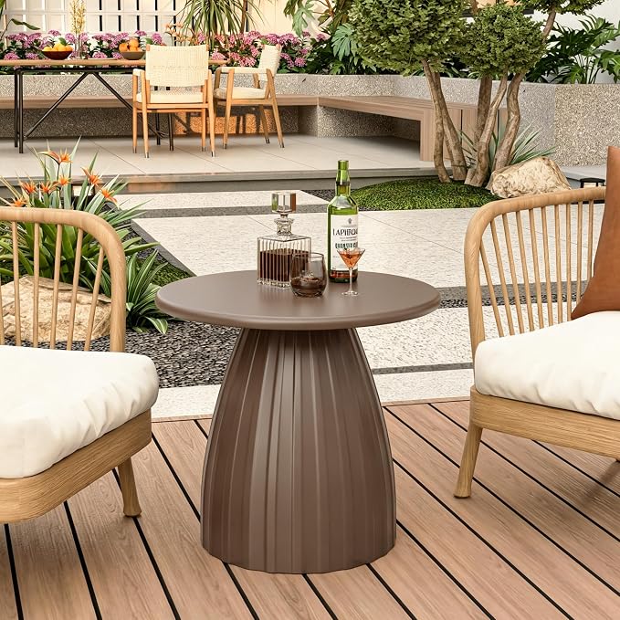 Round Metal Outdoor Patio Side Table, Steel Outdoor Accent Table, Small Patio End Table, for Garden, Pool, Yard, Balcony, Living Room, Deck, Weather Resistant, No Assembly, Brown