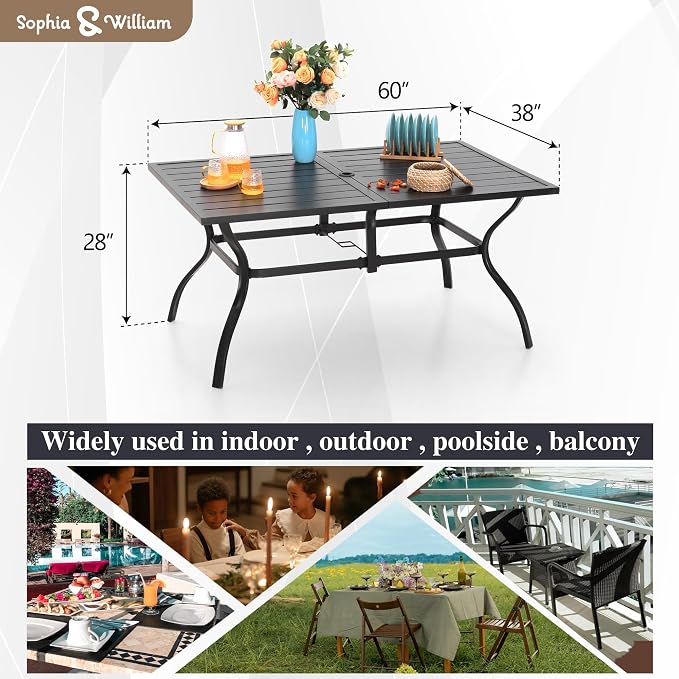 Sophia & William 7pc Patio Dining Set with Red Umbrella, 6 Rattan Chairs | 6 Cushioned rattan chairs + 1 metal table with umbrella. Perfect for backyard, deck, porch.