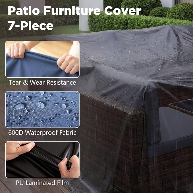 LHBcraft Patio Furniture Set,7 Pieces Outdoor Wicker Rattan Patio Furniture with Rain Cover, Wicker Rattan Outdoor Sectional Sofa Set with Coffee Table for Garden, Taupe-Blue