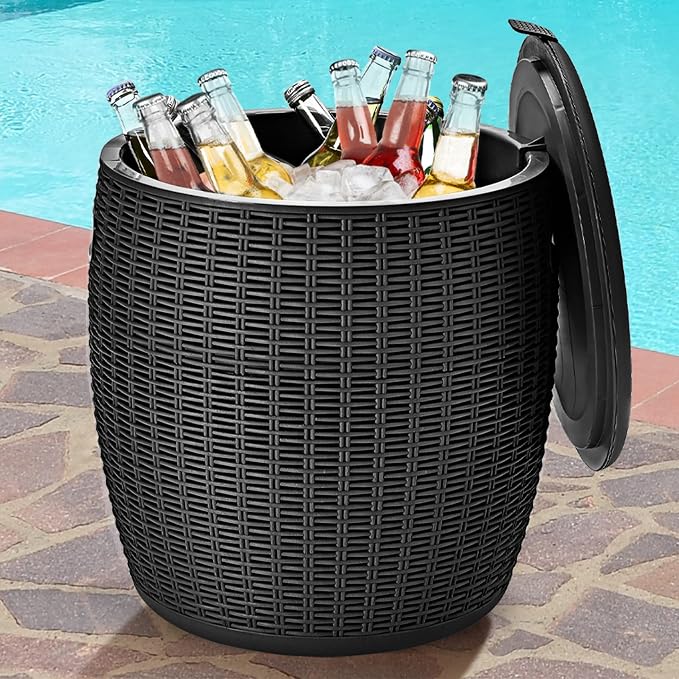 Tangkula 9.5 Gal Cooler Bar Table, Patio Wicker Ice Cool Bar Table, Outdoor Rattan Bar Table with Ice Bucket, Ice Bucket with Side Handles & Lid, Beer & Wine Cooler for Party, Poolside, Deck, Yard