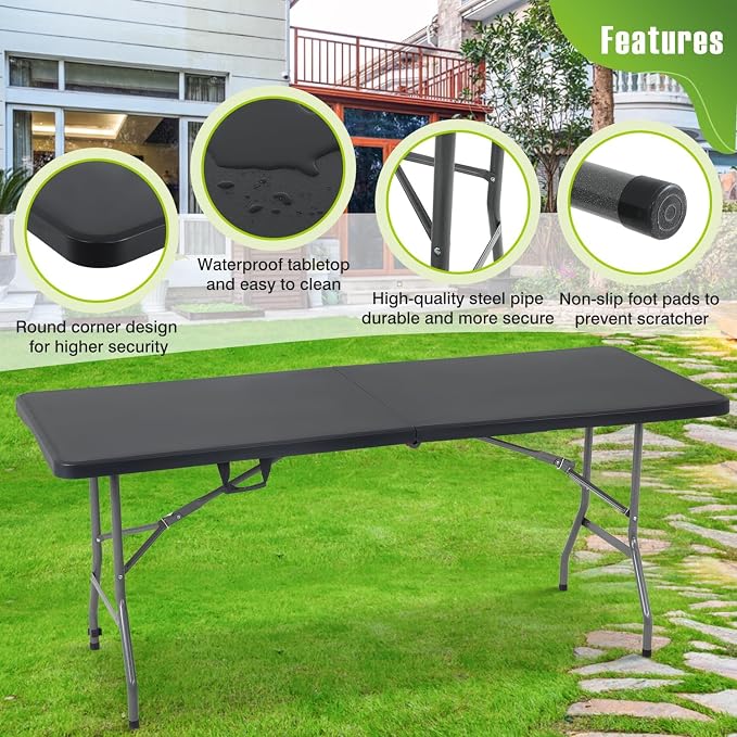 6FT White Folding Table, Portable Collapsible Dinner Table – Indoor/Outdoor Use for Camping, Patio, Yard, Wedding, Party & Cocktail Display, 500LBS (Black)
