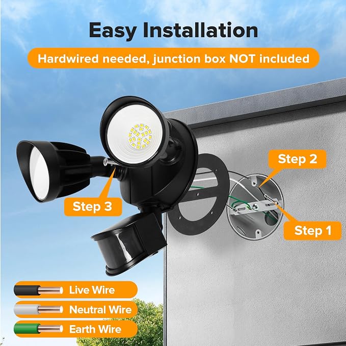 UME LED Security Light Motion Sensor Outdoor Lights, 27W 3500LM, 5000K, IP65 Waterproof, Dusk to Dawn, 2 Head Motion Detector Flood Light for Outside, Garage, Yard (Black)