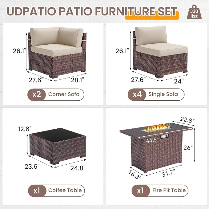 UDPATIO Patio Furniture Set with 44'' Fire Pit Table, 8 PCS Outdoor Sectional Furniture Sets, Slanted Back Outdoor Conversation Set PE Rattan Sofa for Porch W/Coffee Table,Khaki
