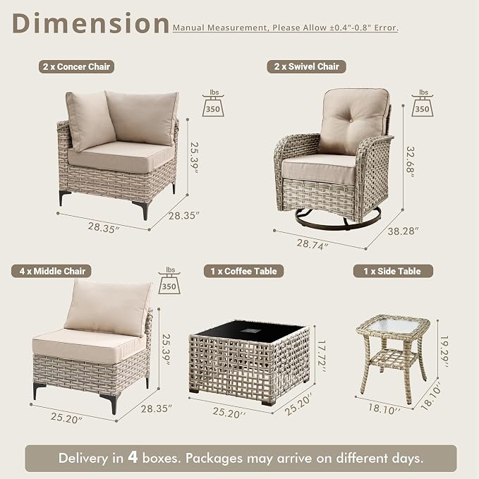 10 Pieces Patio Sectional Furniture Set, Outdoor Wicker Sectional Couch with High Back Swivel Rocker Chairs Solar Lights Table, Modern Conversation Set for Porch Balcony Backyard, Beige