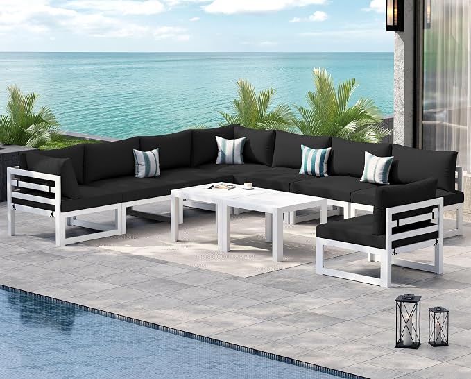 NICESOUL 10 Piece Modern Aluminum Patio Furniture Set, 500 lbs Heavy Duty Durable Outdoor Sectional Sofa, 29" Deep Wide Oversized Seating, L Shaped Comfortable Conversation Couch for Yard Deck, Black