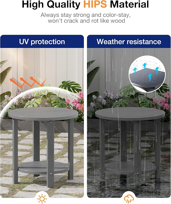 YEFU Outdoor Side Table for Patio: 16in HIPS Small Round Outdoor End Table - 2-Tier Adirondack Tables for Porch Patio Yard Poolside Living Room Beach Bedroom (Grey, 2 Pack)