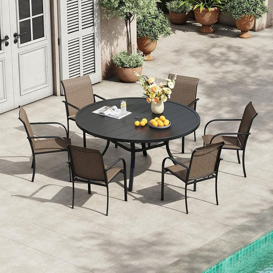 VICLLAX 7 Pieces Patio Outdoor Dining Set, 47.2" Round Metal Table with Umbrella Hole and 6 Stackable Textilene Chairs for Patio, Lawn, Garden, Porch, Black/Brown