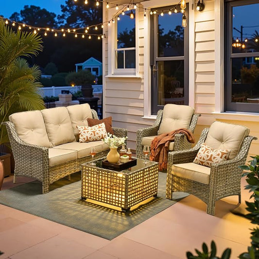 ovios 4 Piece Outdoor Patio Furniture with 3 Seat Sofa,Rattan Wicker Coversation Set with High Back,Sectional Single Sofa with Ottoman for Outside Porch Balcony Backyard Pool, Beige
