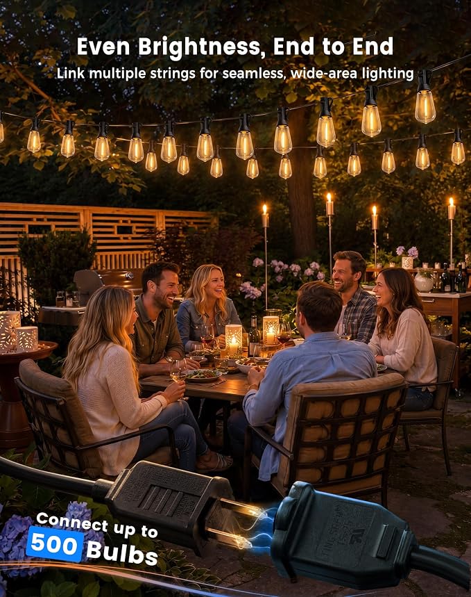 30FT(24+6) String Lights Outdoor, 2FT Bulb Spacing, Waterproof Shatterproof Warm White ST38 LED Edison Bulbs, Extension Cord, Plug in Connectable Hanging Patio Lights for Outside, Backyard