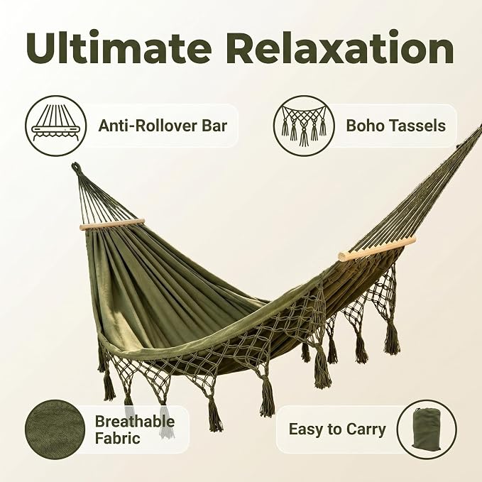 Boho Fringe Hammock with Carry Bag and 2 Tree Straps, 2 Person Fabric Hammock, 500 lb Capacity for Backyard, Porch, Patio, Camping, Indoor Outdoor Use