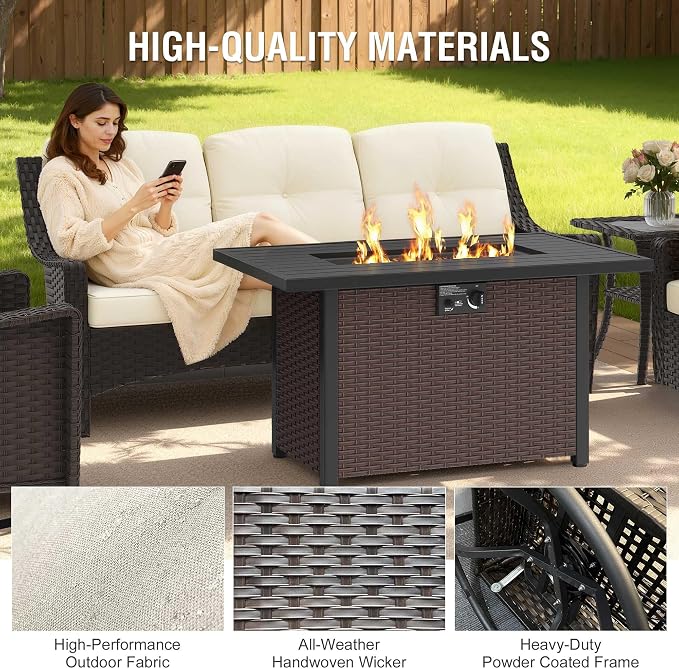 5-Piece Patio Furniture Set, Featuring a fire Pit Table, Rattan Swivel Chairs, Patio Sofa, and Side Table. Ideal for backyards, patios, and Poolside Areas.