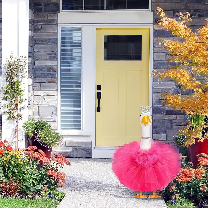 4 Pcs Princess Porch Goose Outfit for 23" 17" Cement Lawn Goose Costume Crown Necklace Tutu Skirt Feather Trim(Rose Red)