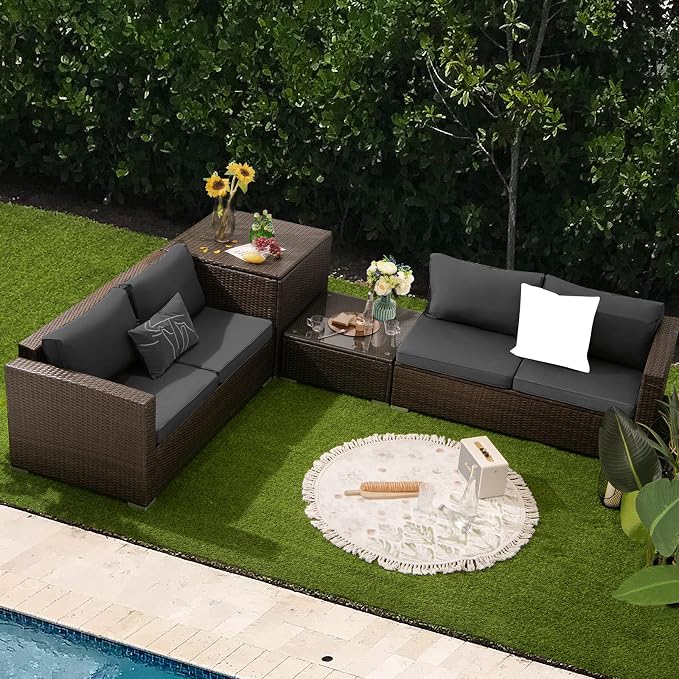 Tangkula 4-Piece Patio PE Wicker Furniture Set, Patiojoy Outdoor Sectional Sofa Set with Storage Box and Tempered Glass Tabletop, All-Weather PE Rattan Conversation Set with Removable Cushions (Grey)