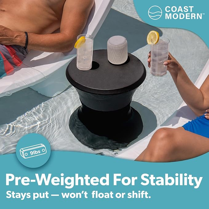 Coast Modern Outdoor Side Table - Lounger Table for Inside Pool or on Patio - All-Weather Furniture for Sun Shelf Up to 15" - Black