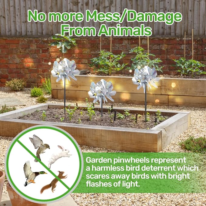 BATTIFE Preassembled Reflective Pinwheels for Yard & Garden, Silver, 6 Pack | Double-side Spinner,Sparkly Material, Spins Best in Steady Wind, Animal-Deterrent Results Vary by Placement and Conditions