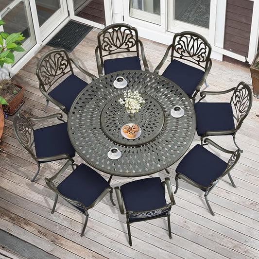 MEETWARM 9-Piece Outdoor Patio Table and Chairs Set, All Weather Cast Aluminum Patio Dining Set- 8 Cushioned Chairs, 61" Round Patio Dining Table with Detachable Lazy Susan, Umbrella Hole, Navy Blue