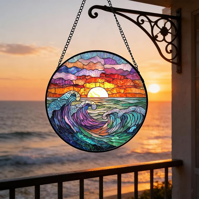 DASTOLL Stained Glass Window Hanging, Clouds and Sea Waves Suncatcher Diamond Glass Panel Hangings Scenery Sun Catchers Decor for Birthday for Women, Men, Wife, Aunt, and Mom 7.8 in