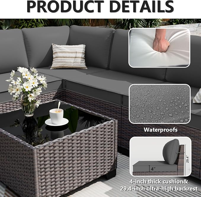 ALAULM 6 Pieces Patio Furniture Set, Oversized Seat/Armrest Sofas and High Back Wicker Sectional Furniture Set with Thick Cushion for Backyard, Garden, Grey