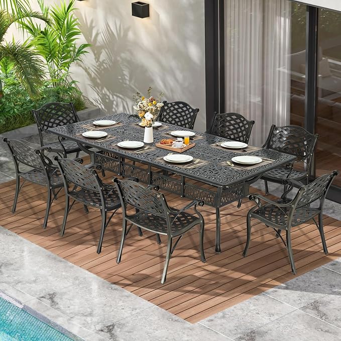 MEETWARM 9-Piece Outdoor Patio Dining Set for 8, All Weather Cast Aluminum Patio Funiture Table and Chairs Set- 94.5” Rectangular Table with 2" Umbrella Hole and 8 Chairs for Garden, Dark Bronze