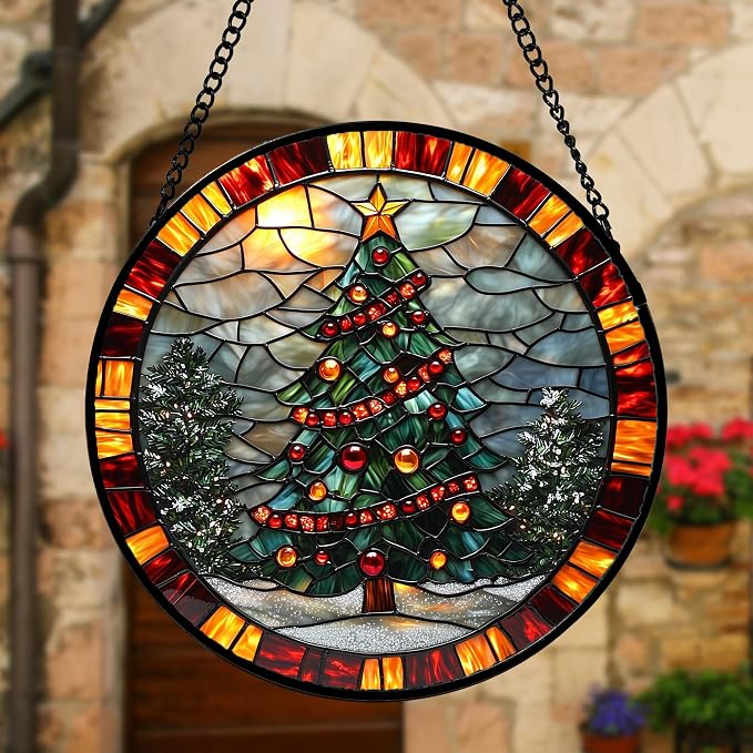 DASTOLL Stained Glass Window Hanging - Winter Christmas Tree Suncatcher Ready to Hang Window Doors Home Decoration, Christmas, Mother's Day Birthday Gifts for Women, Men, and Mom 9.8x9.8 in