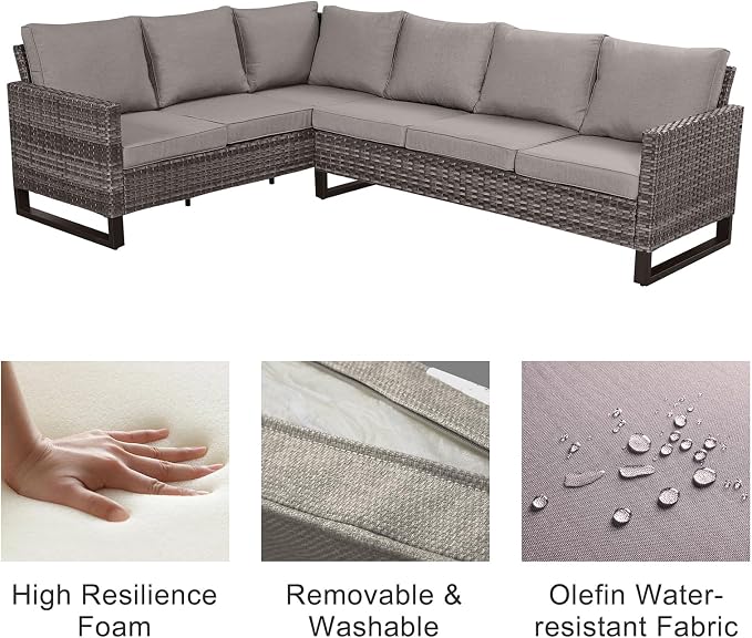 Belord Outdoor Sectional Sofa 6 Seater L Shaped Couch Wicker Patio Conversation Furniture Set Rattan Outdoor Furniture with Removable Washable Cushion Grey